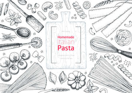 Italian pasta top view frame. Hand drawn vector illustration. Collection of pasta different types. Italian food design template. Engraved sketch styleのイラスト素材