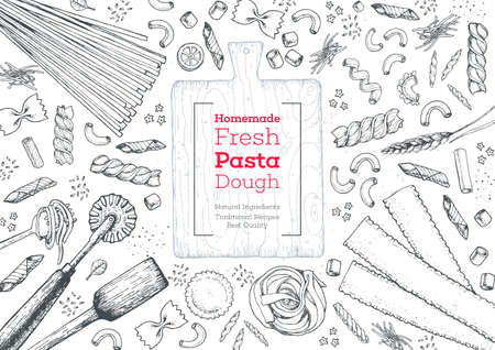 Italian pasta set. Hand drawn vector illustration. Collection of pasta different types. Italian food design template. Engraved sketch style.のイラスト素材