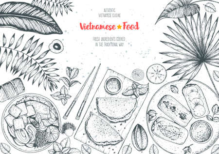 Vietnamese food top view frame. A set of vietnamese dishes . Food menu design template. Hand drawn sketch vector illustration. Engraved style.のイラスト素材