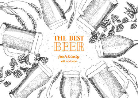 Beer menu design template. Engraved illustration with barley, hops and beer glasses. Brewery frame concept. Hand drawn vector illustration for beer restaurantのイラスト素材