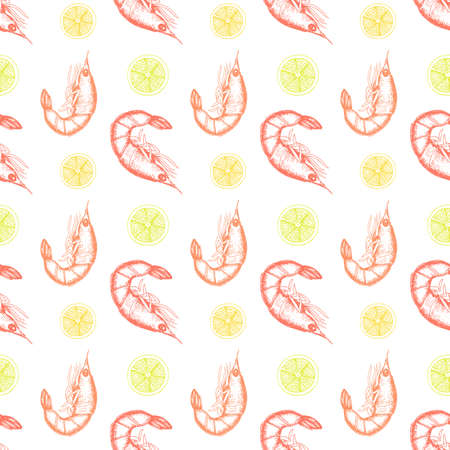 Shrimp and lemon seamless pattern. Seafood background hand drawn. Vintage sketch vector illustrationのイラスト素材