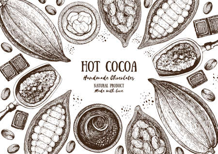 Vector illustration frame with cocoa products. Handmade chocolate, organic food. Vintage elements for designのイラスト素材