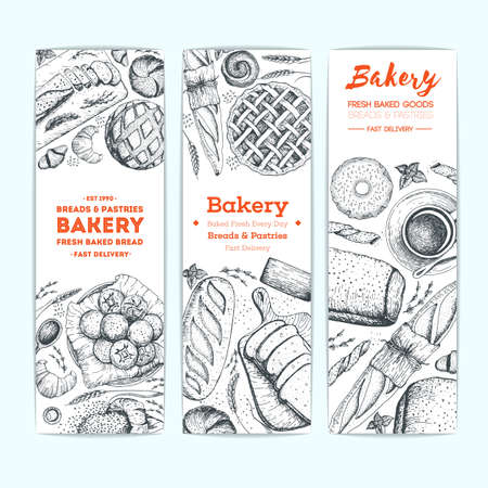 Bakery vector illustration. Vertical banner set. Hand drawn sketch with bread, pastry, sweet. Background template for design. Engraved food imageのイラスト素材