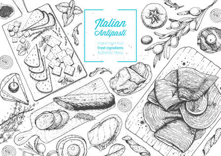 Italian food top view. A set of Italian Antipasti. Food menu design template. Vintage hand drawn sketch vector illustration. Engraved imageのイラスト素材