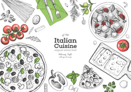Italian cuisine top view frame. A set of Italian dishes with pasta and pizza. Food menu design template. Vintage hand drawn sketch vector illustration. Engraved image.のイラスト素材