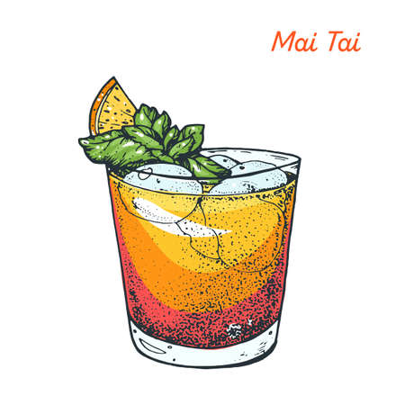 Mai Tai cocktail illustration. Alcoholic cocktails hand drawn vector illustrationのイラスト素材