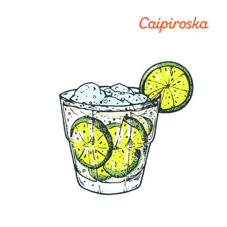 Caipiroska cocktail illustration. Alcoholic cocktails hand drawn vector illustrationのイラスト素材