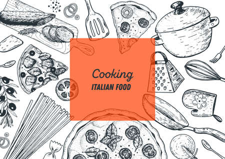 Italian cuisine hand drawn illustration. Italian food cooking frame. Sketch vector illustration. Cooking pasta and pizzaのイラスト素材