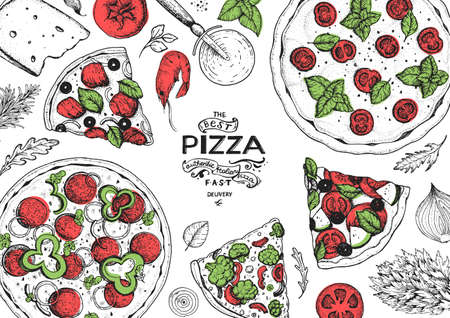 Italian pizza and ingredients top view frame. Italian food menu design template. Vintage hand drawn sketch, vector illustration. Engraved style illustration. Pizza label for menuのイラスト素材