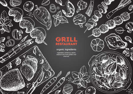 Grilled meat and vegetables top view frame. Vector illustration. Engraved design. Hand drawn illustration. Grill restaurant menu design templateのイラスト素材