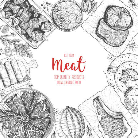 Meat and sausages top view frame. Engraved style. Hand drawn vector illustration. Meat products design templateのイラスト素材
