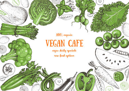 Healthy food frame vector illustration. Vegetable drawn. Organic products set. Farm market food collection. Vegan food.のイラスト素材
