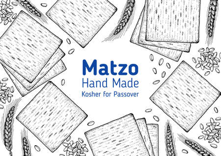 Matzo cooking and ingredients for matzo, sketch illustration. Middle eastern cuisine frame. Traditional passover food, design elements. Hand drawn, menu and package design. Jewish food.のイラスト素材