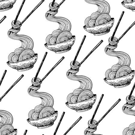 Bowl noodles and chopsticks sketch. Seamless pattern. Asian food. Chinese, Korean, Japanese cuisine. Package design. Hand drawn vector illustrationのイラスト素材