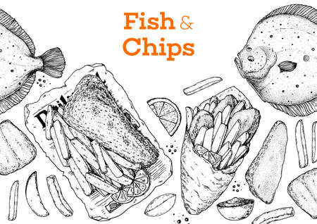 Fish and chips sketch vector illustration. British pub food. Hand drawn sketch. Cooking fish and chips. Engraved hand drawn vintage image. Menu design templateのイラスト素材