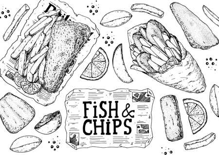 Fish and chips sketch vector illustration. British pub food. Hand drawn sketch. Cooking fish and chips. Engraved hand drawn vintage image. Menu design templateのイラスト素材