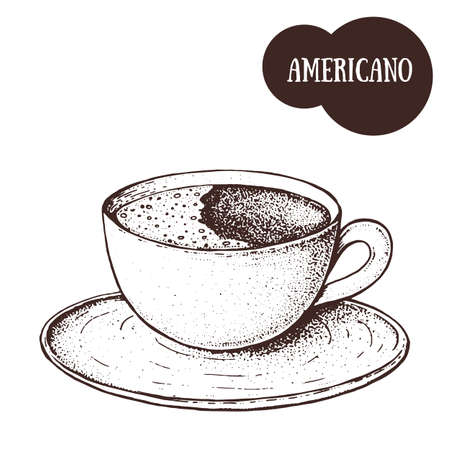 Americano mug sketch. Coffee cup hand drawn illustration. Engraved vector illustration. Americano cupのイラスト素材