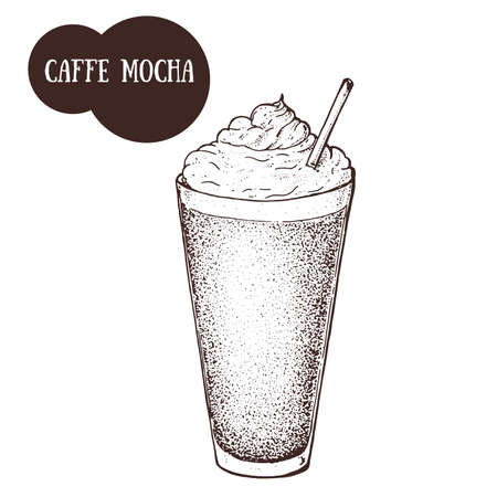 Mocaccino coffee cup sketch. Hand drawn illustration. Engraved vector illustration. Caffe mocha glassのイラスト素材