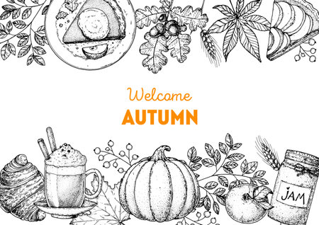 Cozy autumn frame. hand drawn vector illustration. design elements. Set of pumpkin, twigs, hot drink coffee, apple pie, acorn, leaves. warm autumn. hand drawn sketch.のイラスト素材