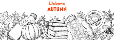 Cozy autumn frame. hand drawn vector illustration. design elements. Set of twigs, pumpkin, books, mushroom, sweater, slice of pumpkin pie, leaves, acorn, berries. hand drawn sketch.のイラスト素材