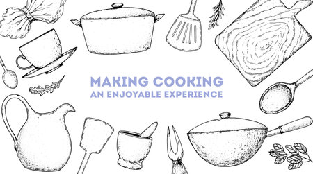 kitchenware frame. Kitchen utensils sketch. hand drawn vector illustration. Pot, mortar and pestle, frying pan, spatula, cutting board, wooden spoon, cup, jugのイラスト素材