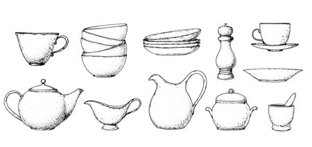 Kitchenware sketch collection. Kitchen utensils sketch set. hand drawn vector illustration. Cup, plates, spice grinder, teapot, jug, spice mortar, bowl, creamerのイラスト素材