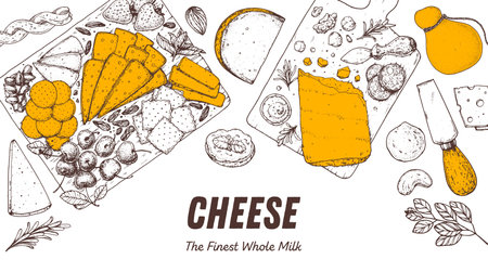 Cheese sketch, hand drawn illustration, top view frame. food design template. package pattern. Vector illustration with collection of cheese. engraved style image. Dairy farm products cheese.のイラスト素材