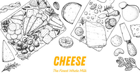 Cheese sketch, hand drawn illustration, top view frame. food design template. package pattern. Vector illustration with collection of cheese. engraved style image. Dairy farm products cheese.のイラスト素材