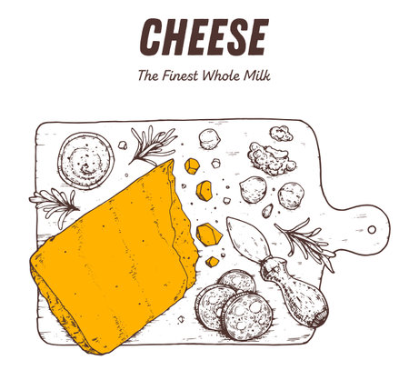 Hand drawn sketch of parmesan cheese on wooden board. Dairy farm products cheese. engraved styleのイラスト素材
