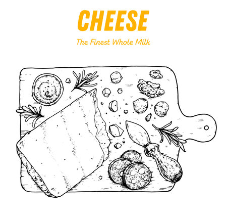 Hand drawn sketch of parmesan cheese on wooden board. Dairy farm products cheese. engraved styleのイラスト素材