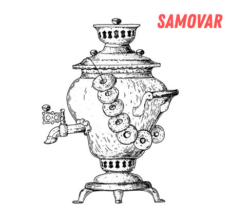 Russian samovar hand drawn illustration. Russian food. Linear graphic. food sketchのイラスト素材