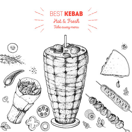 Doner kebab cooking and ingredients for kebab, sketch illustration. Arabic food frame. Fast food menu design elements. Shawarma hand drawn frame. middle eastern foodのイラスト素材