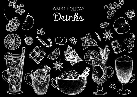 Mulled wine, winter hot drink. hand drawn sketch. vector illustration. Christmas invitation design template. sketch collection. Christmas bar menu. Mulled wine, coffee and tea.のイラスト素材