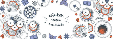 hot drinks. Mulled wine, winter hot drink top view. hand drawn sketch. vector illustration. Christmas invitation design template. sketch collection. Christmas bar menu. Mulled wine, coffee and teaのイラスト素材