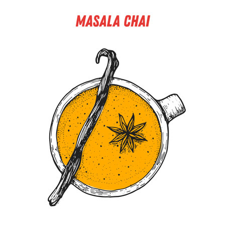 Masala chai sketch, Indian food. hand drawn vector illustration. sketch style. top view. Vintage vector illustration.のイラスト素材