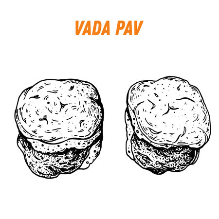 Vada Pav sketch, Indian food. hand drawn vector illustration. sketch style. top view. Vintage vector illustration.のイラスト素材