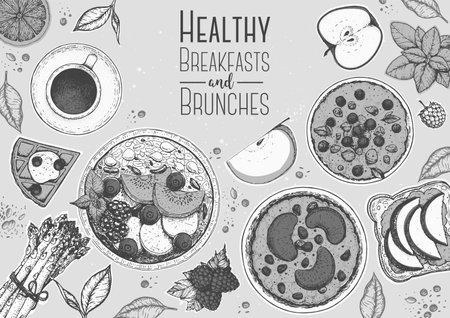 Breakfasts top view, food healthy illustration. Morning food menu design. Breakfast and brunch dishes collection. Vintage hand drawn sketch, vector illustration. engraved style.のイラスト素材