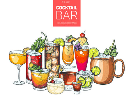 Alcoholic cocktails hand drawn vector illustration. hand drawn drinks illustration. Cocktail set. menu design elements.のイラスト素材