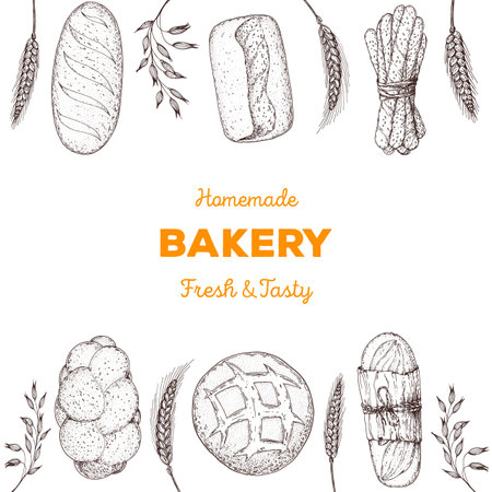 Bakery sketch. illustration of different baked goods. hand drawn vector illustration. Background template for design. engraved food image. Hand drawn sketch with bread, pastry, sweet.のイラスト素材