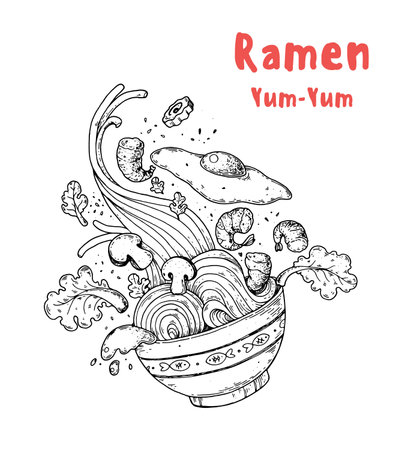 Bowl noodles and chopsticks sketch. Ramen logo. Asian food. Chinese, Korean, Japanese cuisine. logo template. hand drawn vector illustration.のイラスト素材