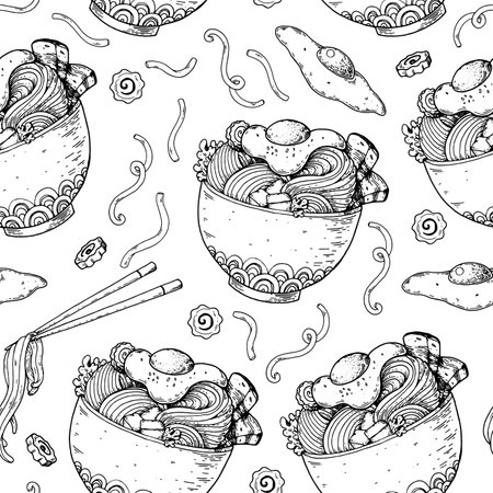 Bowl noodles seamless pattern. Ramen bowl sketch background. Asian food. Chinese, Korean, Japanese cuisine. design template. hand drawn vector illustration.のイラスト素材