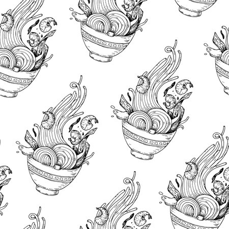 Bowl noodles seamless pattern. Ramen bowl sketch background. Asian food. Chinese, Korean, Japanese cuisine. design template. hand drawn vector illustration.のイラスト素材