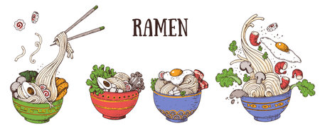 Bowl noodles and chopsticks. Noodle bowl collection. Ramen logo. Asian food. Chinese, Korean, Japanese cuisine. logo template. hand drawn vector illustration.のイラスト素材