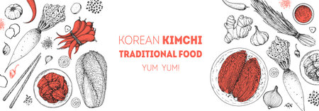 Kimchi cooking and ingredients for kimchi, sketch illustration. Korean food frame. Healthy food design elements. Hand drawn package design. Asian foodのイラスト素材