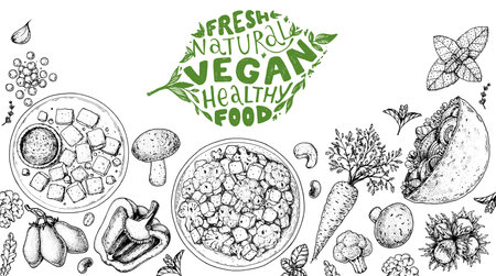 Vegan food frame. hand drawn vector illustration. Menu design template. Vegan food sketch. Vintage design template. product design. Great for packaging, recipe book, menu. Vegetarian food sketch.のイラスト素材