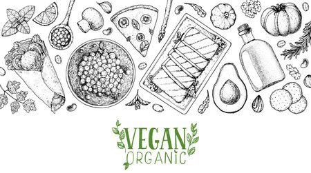 Vegan food frame. hand drawn vector illustration. Menu design template. Vegan food sketch. Vintage design template. product design. Great for packaging, recipe book, menu. Vegetarian food sketch.のイラスト素材