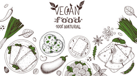 Vegan food frame. hand drawn vector illustration. Menu design template. Vegan food sketch. Vintage design template. product design. Great for packaging, recipe book, menu. Vegetarian food sketch.のイラスト素材