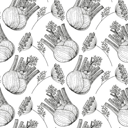 Fennel root seamless pattern. hand drawn background. vector illustration. hand drawing sketch illustration. Fennel bulb vegetable hand drawn backdrop.のイラスト素材