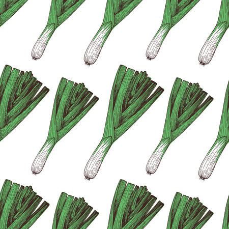 Leek seamless pattern. hand drawn background. vector illustration. hand drawing sketch illustration. Leek vegetable hand drawn backdrop.のイラスト素材