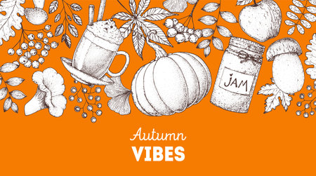 Cozy autumn frame. hand drawn vector illustration. design elements. Set of mushrooms, pumpkin, twigs, jar of jam, hot drink, berries, leaves. autumn vibes. hand drawn sketch.のイラスト素材
